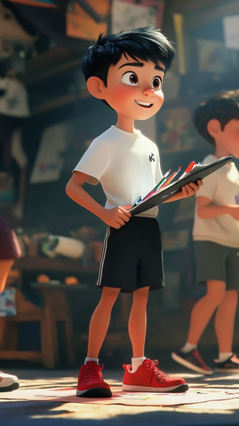 男孩整理画具迎接朋友