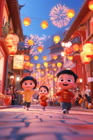 儿童街巷放灯笼烟花庆祝