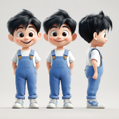 男孩穿蓝色工装微笑站立