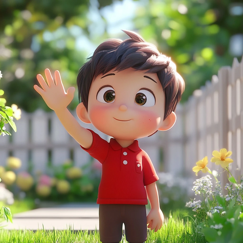 男孩红衣花园挥手