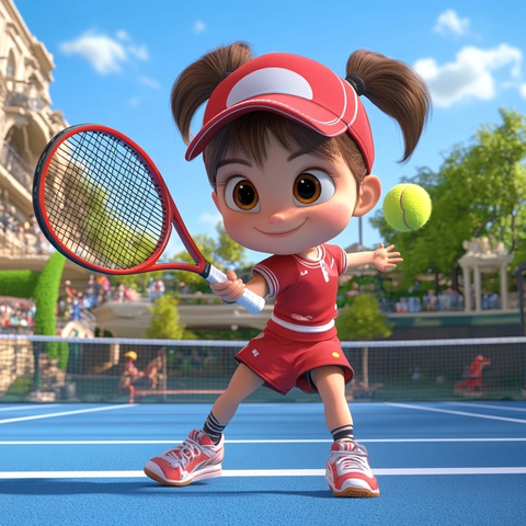 女孩红装打网球蓝球场