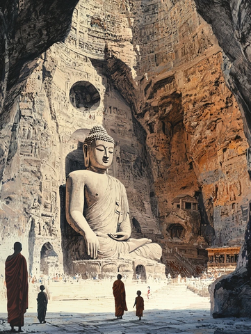 石窟内的大佛及僧人景象