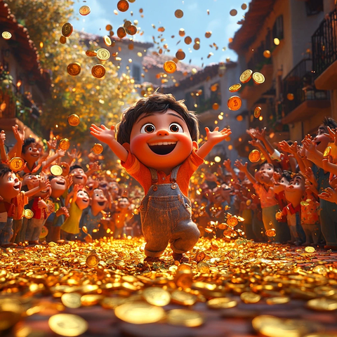 卡通角色欢呼金币烟花