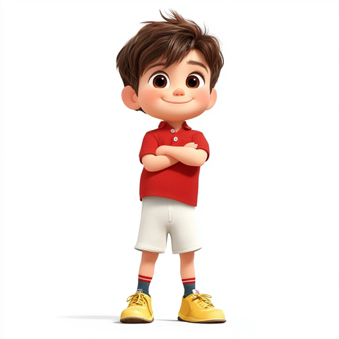 男孩红衣白裤黄鞋