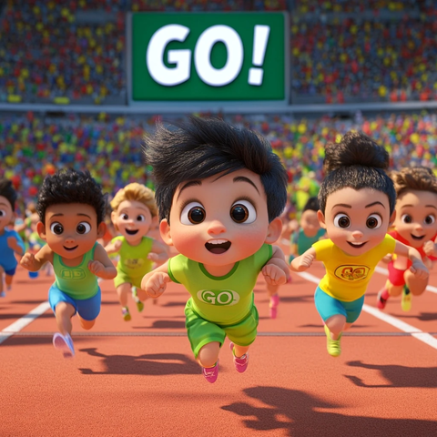 孩子绿色上衣百米赛跑