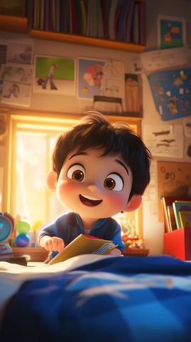 小男孩书房阳光玩具书本