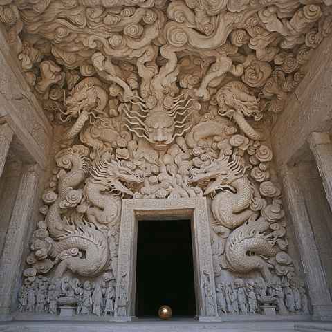 雕刻有龙和人物的古建筑门框特写