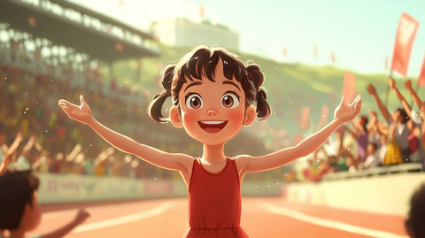 小女孩赛跑胜利欢呼场景