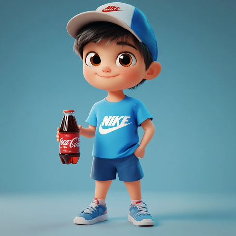 小男孩手持可乐穿蓝衣