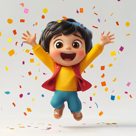 孩子跳跃欢呼撒花瞬间