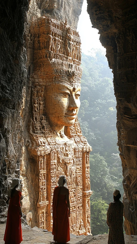 崖壁上的巨型雕刻像前的三位红衣人