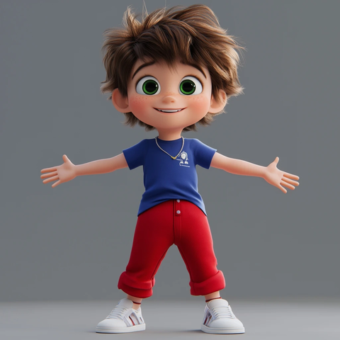 男孩红裤蓝衫白鞋