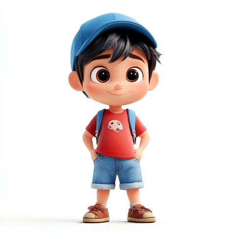 男孩蓝帽红恤牛仔短裤