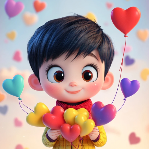 男孩手持心形气球冬装
