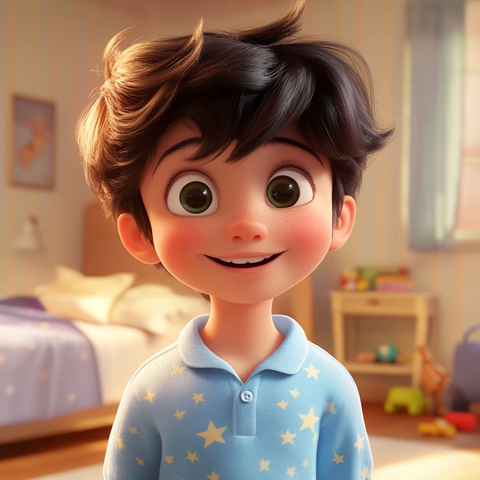 男孩微笑站在房间