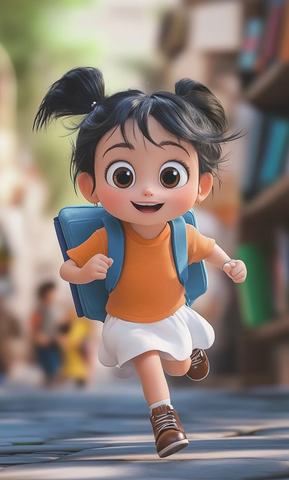 小女孩背包穿裙子奔跑