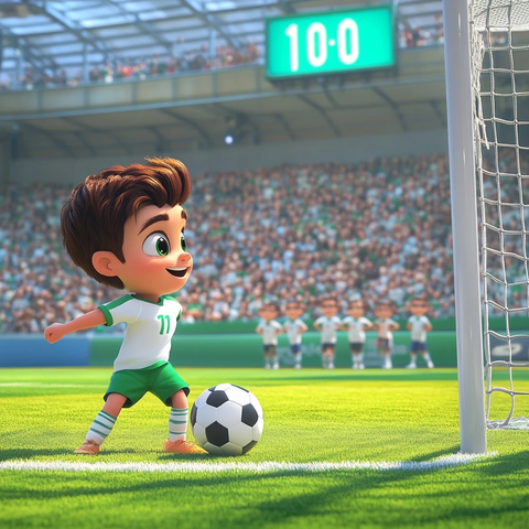 小男孩踢球击中横梁