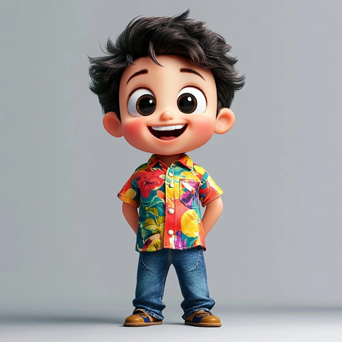 可爱男孩笑脸彩色衬衫牛仔裤