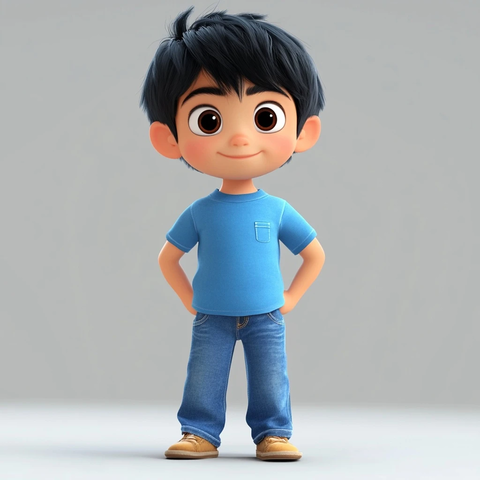 男孩黑发蓝衣牛仔裤