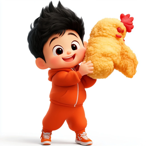 男孩手持鸡翅卡通形象