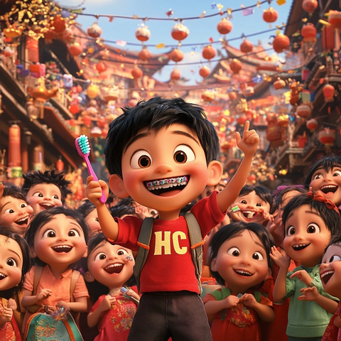 男孩戴牙套拿牙刷庆春节