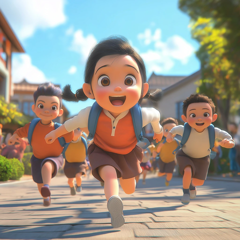 女孩男孩跑向学校