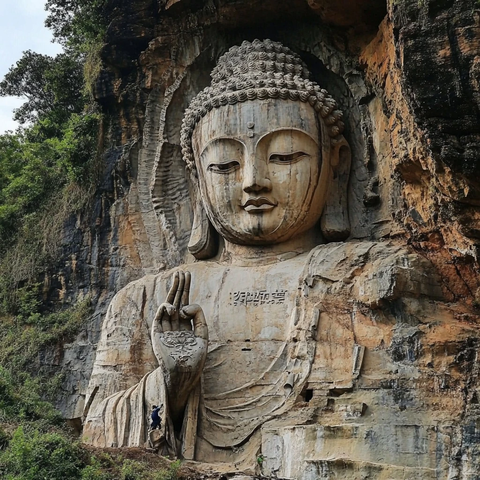 依山而建的大型石刻佛像