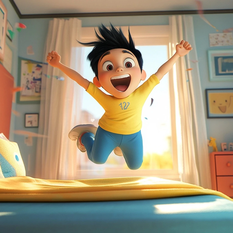 男孩跳出床黄衣蓝裤