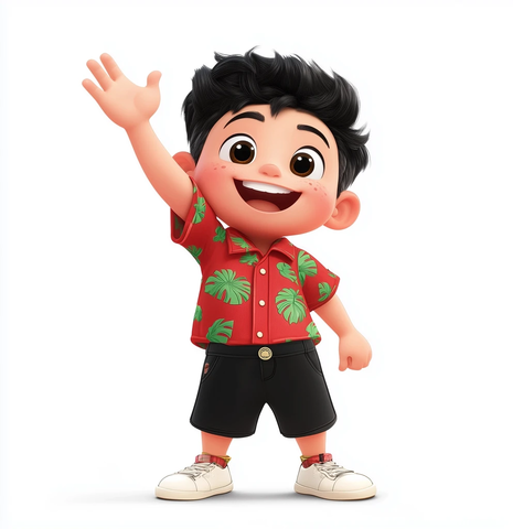 男孩挥手微笑红色绿纹服饰