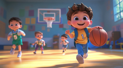 小男孩与同学玩篮球