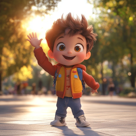 小男孩挥手告别夕阳下