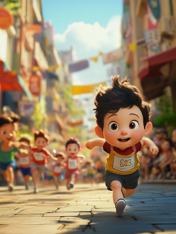 小男孩观看朋友赛跑