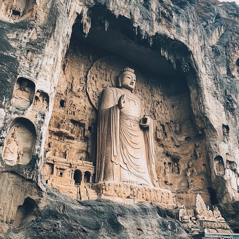 龙门石窟巨型佛像雕刻艺术展示