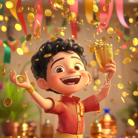 男孩笑拿金币彩带飘