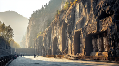 壮观的石窟佛像及参观的人群