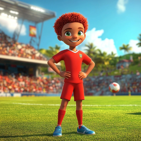 红衣男孩草地准备踢球