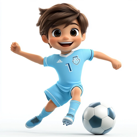 男孩踢球微笑蓝衣