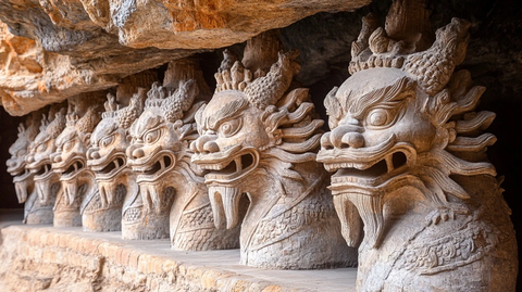 石壁上雕刻的一排龙头雕像