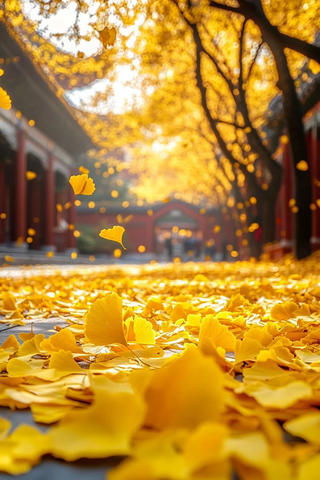 古建筑旁银杏叶落满地的秋景
