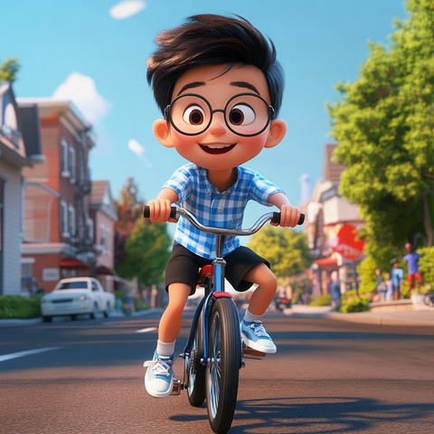 男孩骑车路上行人车辆