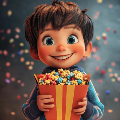 男孩抱大盒彩色爆米花