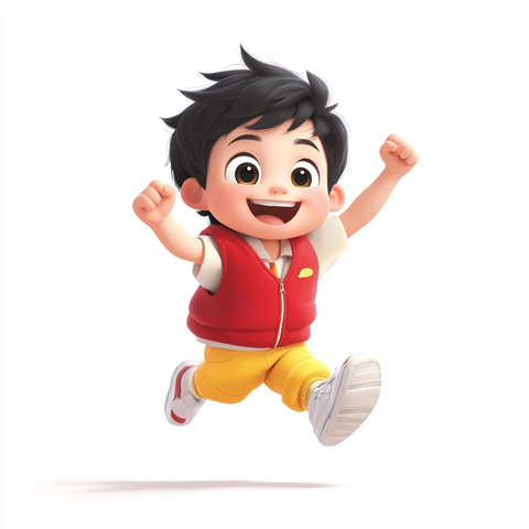 红背心男孩高举右手奔跑