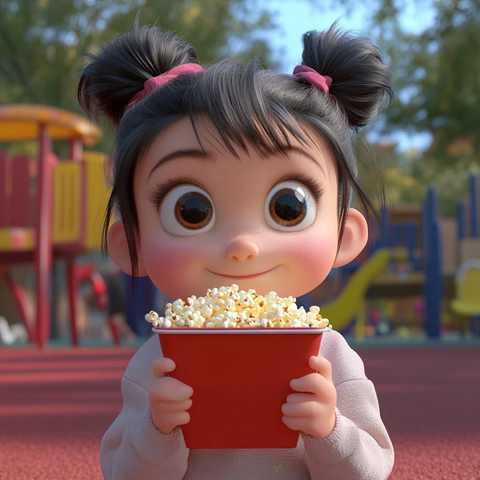 小女孩游乐场吃爆米花