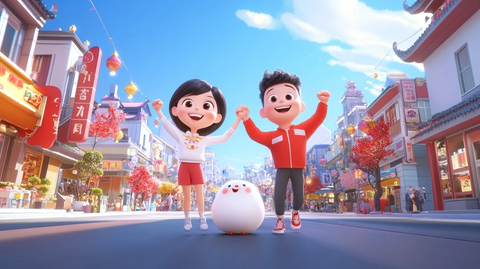 卡通角色牵手欢呼