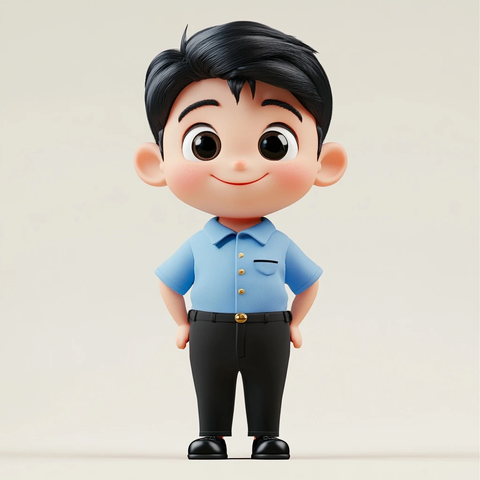 男孩穿蓝衣黑裤微笑站立