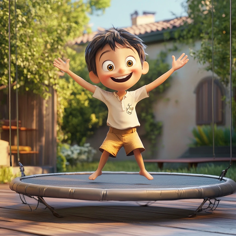 男孩玩蹦床短袖短裤