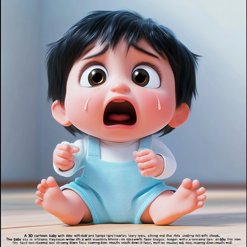 哭泣婴儿坐地握奶瓶