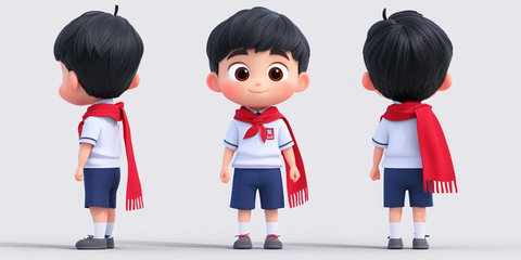 男孩校服红领巾三视图