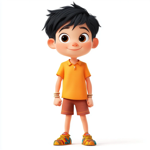 男孩笑容满面穿彩色衣鞋