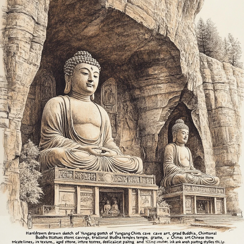 云冈石窟大佛的手绘素描